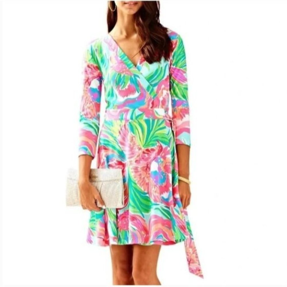 Lilly Pulitzer Womens Emilia Long Sleeve Wrap Dress Paradise Bound Serene Blue